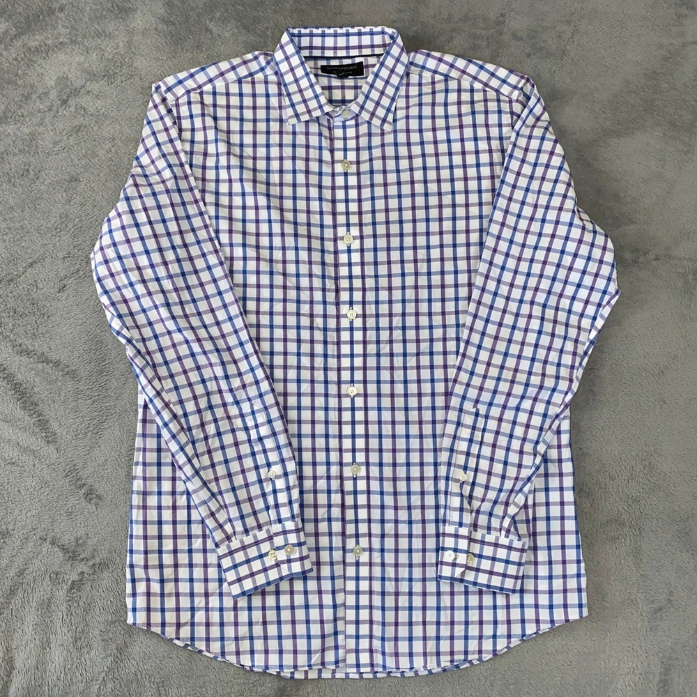 Banana Republic Button Down Mens L Blue Purple Check Non-Iron Slim Fit Shirt
